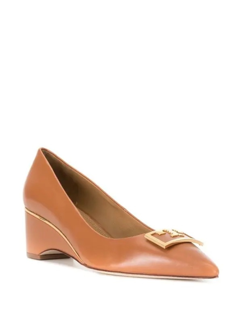 Tory Burch Gigi Pointed Toe Leather Block Wedge Pumps Tan Ambra Size 7